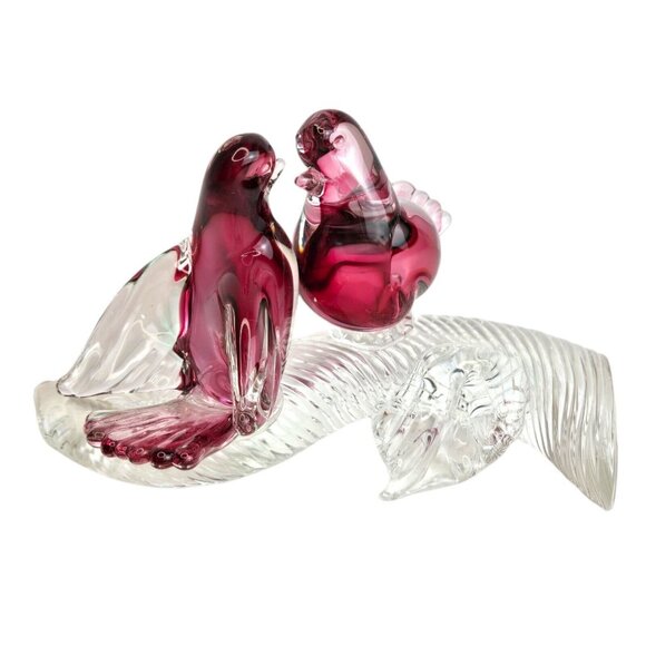 Murano Somerso Oball Art Glass Birds On Branch Clear W/red/green Interior Signed - Picture 9 of 14